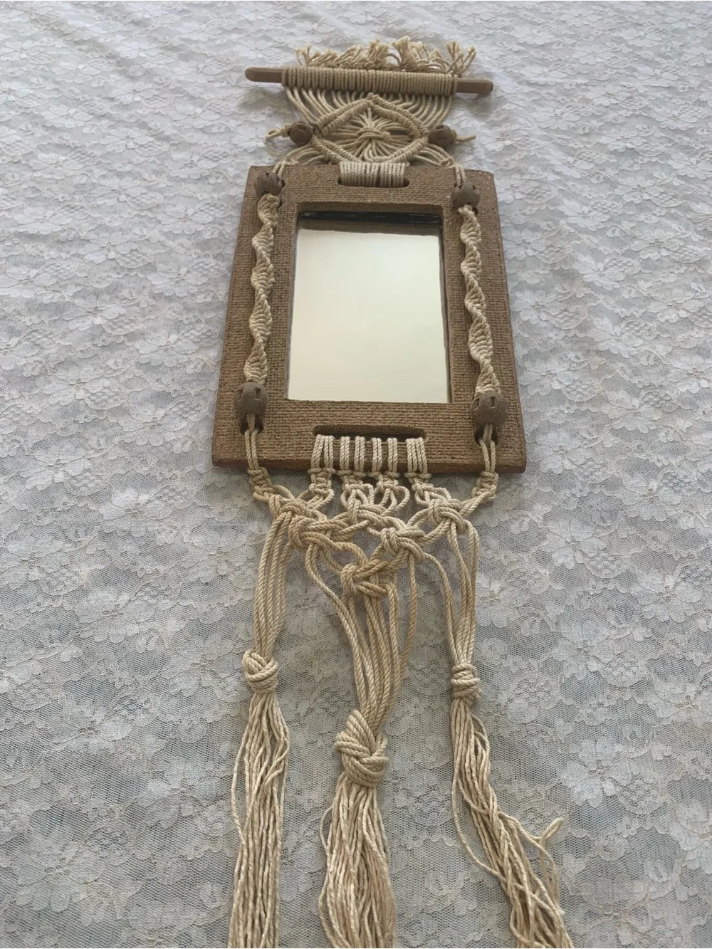 Vintage Boho Macrame Mirror Wall Hanging Textured Craft Frame & Tassels Decor